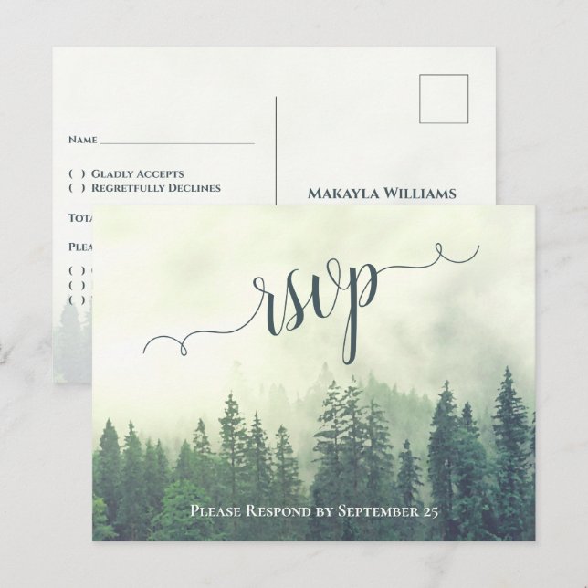 Rustic Green Pine Trees Outdoor Wedding RSVP Postcard (Front/Back)