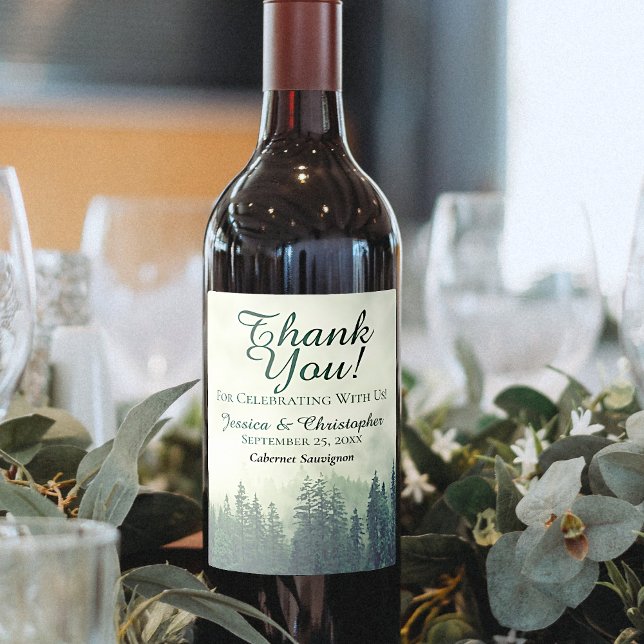 Rustic Green Pine Trees Wedding Thank You Wine Label (Creator Uploaded)