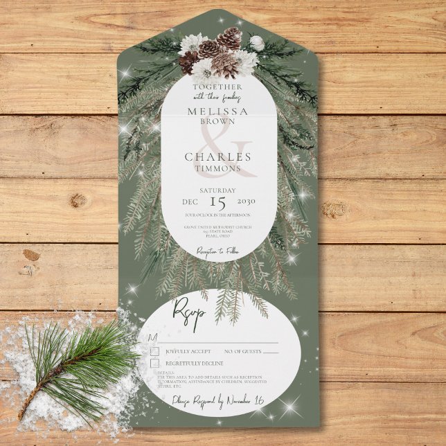 Rustic Green Pine Winter Sparkle Details All In One Invitation (Rustic Green Pine Winter Sparkle Details All In One Invitation)