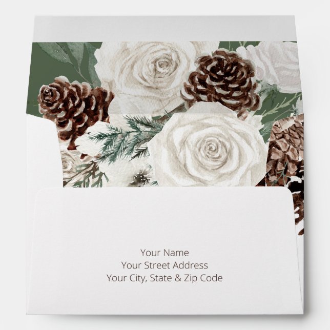 Rustic Green Pine Winter Sparkle Wedding Envelope (Back (Bottom))