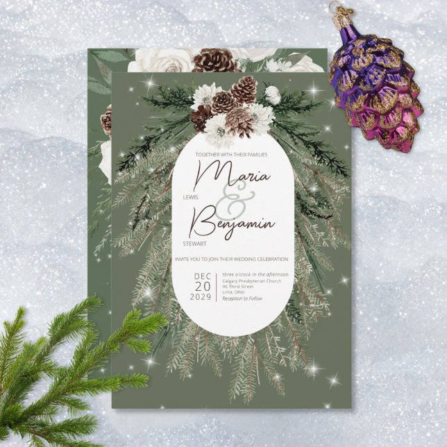 Rustic Green Pine Winter Sparkle Wedding Invitation (Creator Uploaded)