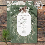 Rustic Green Pine Winter Sparkle Wedding Save The Date<br><div class="desc">This design features a rustic green pine and pinecone bouquet on a pine green background with white flowers. It is accented with a white sparkle overlay to illustrate the magic of the beautiful winter holidays. Perfect for a Christmas or winter wedding. This card is part of the Rustic Green Pine...</div>