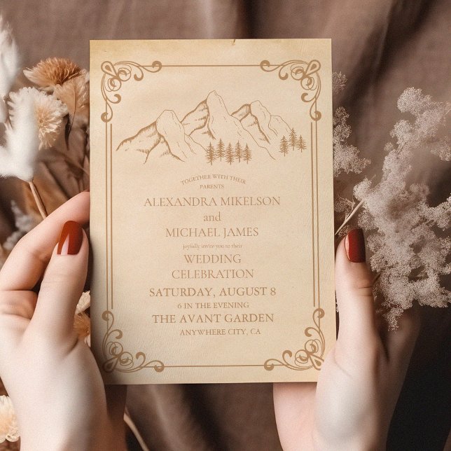 Rustic Green Pine Woods Mountain Sketch Wedding Invitation (Creator Uploaded)