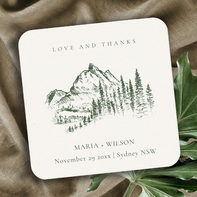 Rustic Green Pine Woods Mountain Sketch Wedding Square Paper Coaster (Creator Uploaded)
