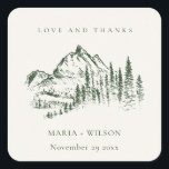 Rustic Green Pine Woods Mountain Sketch Wedding Square Sticker<br><div class="desc">For any further customisation or any other matching items,  please feel free to contact me at yellowfebstudio@gmail.com</div>
