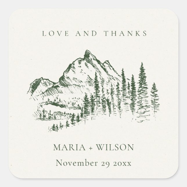 Rustic Green Pine Woods Mountain Sketch Wedding Square Sticker (Front)