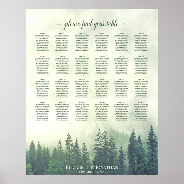Rustic Green Pines 24 Table Wedding Seating Chart (Front)