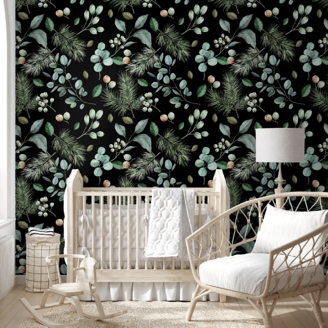 Rustic Green Pines & Leaf Pattern on Black Wallpaper (Kids)