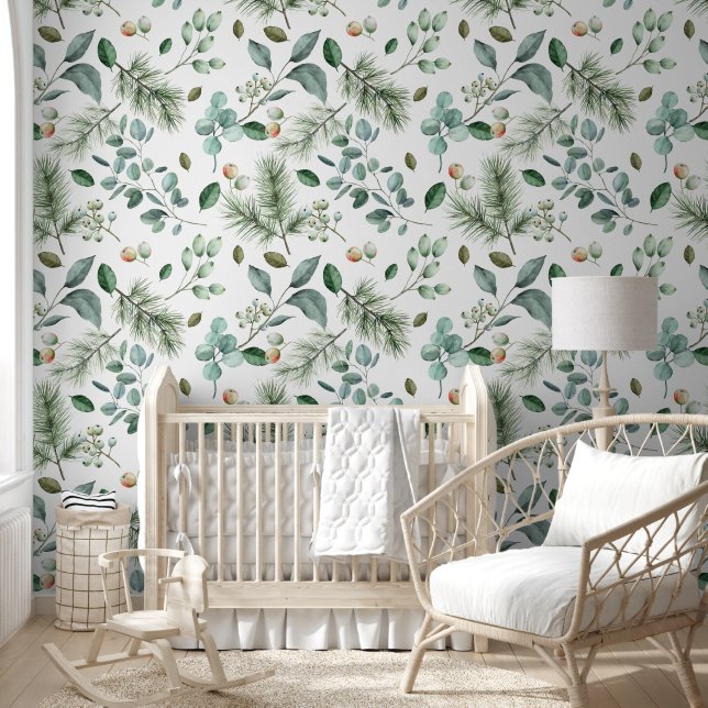 Rustic Green Pines & Leaf Pattern Wallpaper (Kids)
