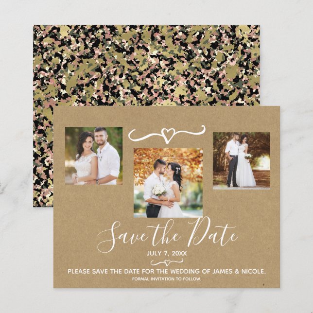 Rustic Green Pink Camo Kraft Photo Save the Date (Front/Back)
