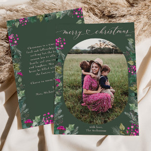 Rustic Green Pink Foliage 1 Photo Christmas Holiday Card