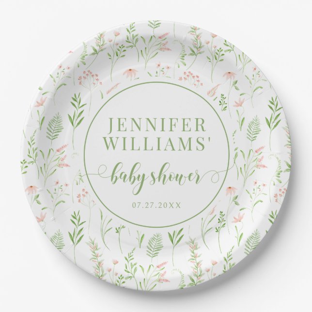 Rustic green pink little wildflower baby shower paper plate (Front)
