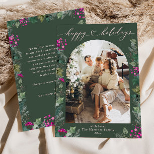Rustic Green Pink Winter Botanicals Photo Holiday Card