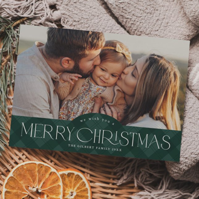 Rustic Green Plaid Budget Photo Christmas Card (Rustic green plaid budget photo Christmas holiday card.)