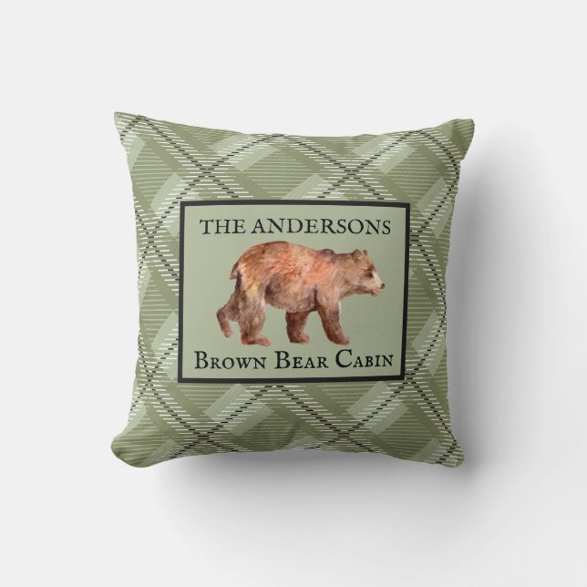 Rustic Green Plaid Cabin Bear Decor Custom Cushion (Front)