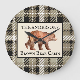Rustic Green Plaid Cabin Bear Decor Custom Large Clock