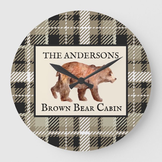 Rustic Green Plaid Cabin Bear Decor Custom Large Clock (Front)