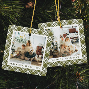 Rustic Green Plaid Christmas Family Photo Collage Ceramic Ornament