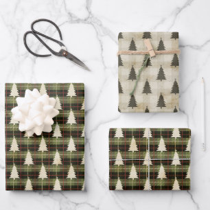 Rustic Green Plaid Christmas Trees Pattern Wrapping Paper Sheet