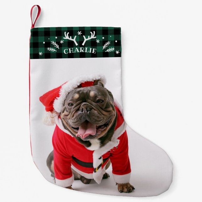 Rustic Green Plaid Custom Photo Pet Dog Small Christmas Stocking (Front)