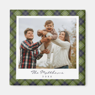 Rustic Green Plaid Family Photo Christmas Magnet