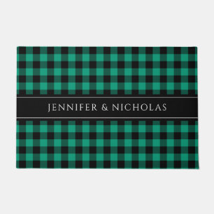 Rustic Green Plaid Gingham Name  Doormat