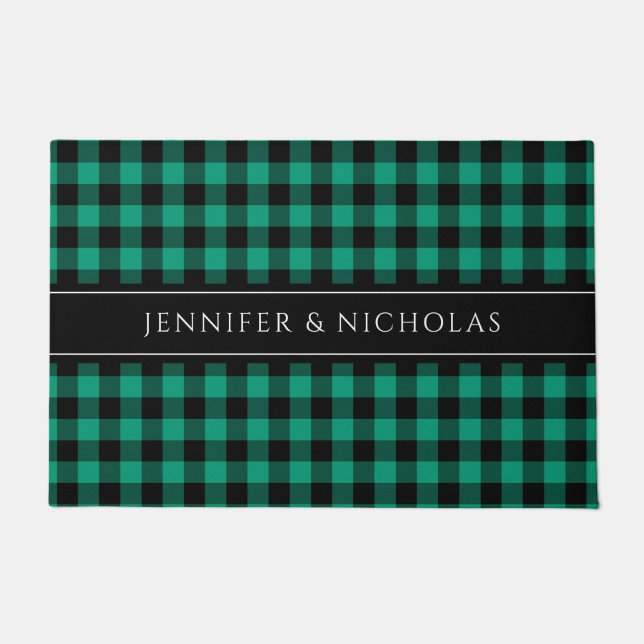 Rustic Green Plaid Gingham Name  Doormat (Front)