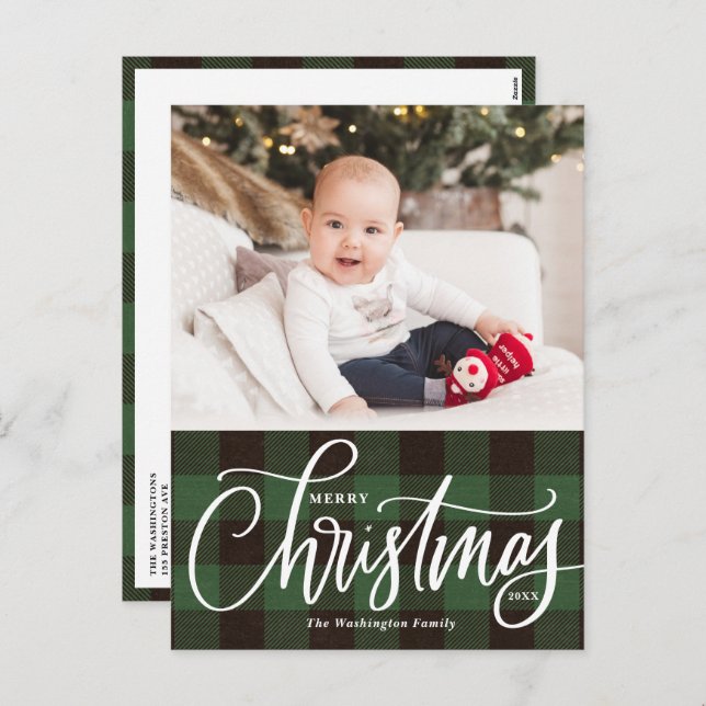 Rustic Green Plaid Merry Christmas Photo Holiday Postcard (Front/Back)
