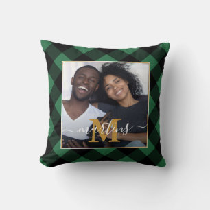 Rustic Green Plaid Monogram and Name Photo Cushion