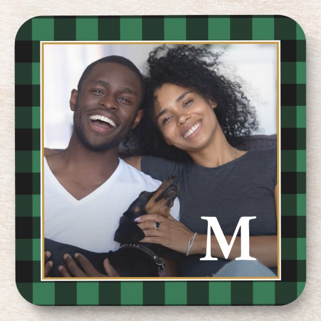 Rustic Green Plaid Monogram Photo Coaster (Front)