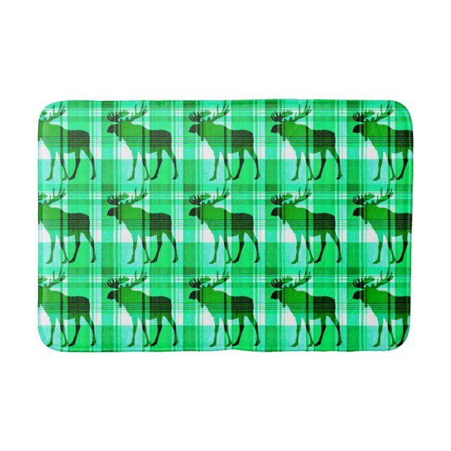 Rustic green plaid moose memory foam bath mat (Front)