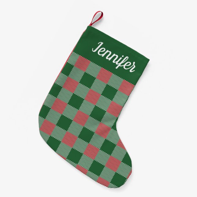 Rustic Green Plaid Script Name  Small Christmas Stocking (Front (Hanging))