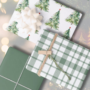 Rustic Green Plaid Watercolor Christmas Tree Wrapping Paper Sheet