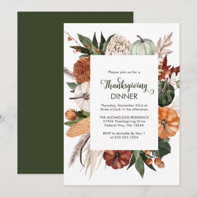 Rustic Green Pumpkin Thanksgiving Dinner Invitation (Front/Back)