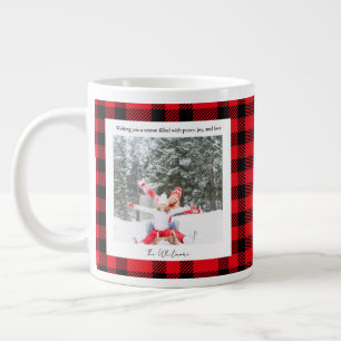 Rustic Green Red Plaid Monogram 2 Photo Christmas Large Coffee Mug