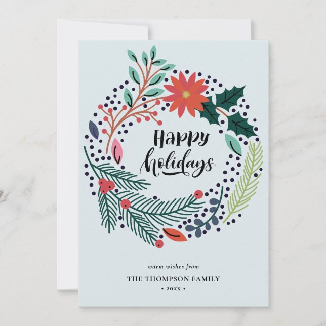 Rustic Green Red Poinsettia Floral Wreath Simple Holiday Card (Front)