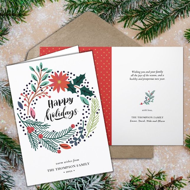 Rustic Green Red Poinsettia Floral Wreath Simple Holiday Card (Creator Uploaded)