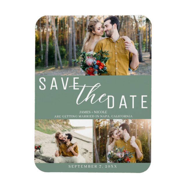 Rustic Green Save the Date Wedding 3 Photos Magnet (Vertical)