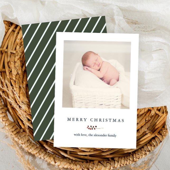Rustic Green Stripes Berries Merry Christmas Photo Holiday Card (Creator Uploaded)