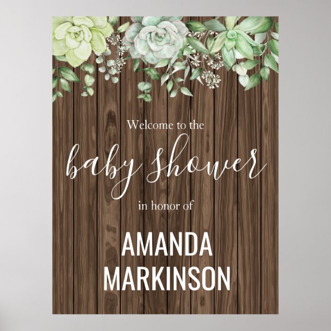Rustic Green Succulent Modern Baby Shower Poster (Front)