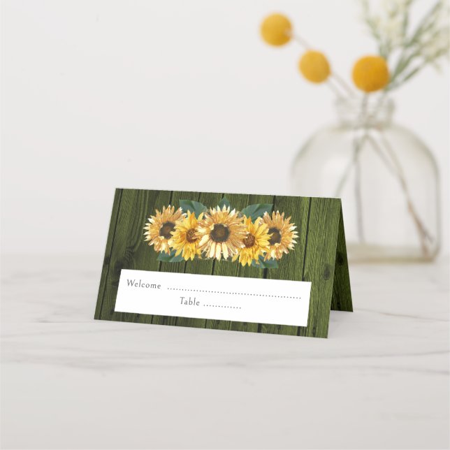 Rustic Green Sunflower Reception Place Card (Front)