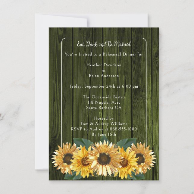 Rustic Green Sunflower Rehearsal Dinner Invitation (Front)