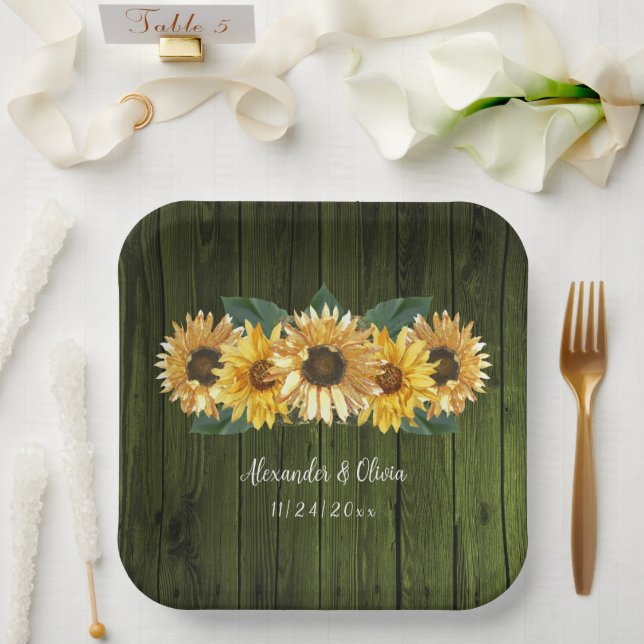 Rustic Green Sunflower Wedding Paper Plates (Wedding)