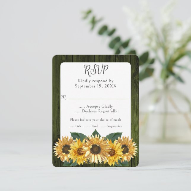 Rustic Green Sunflower Wedding RSVP Card (Standing Front)