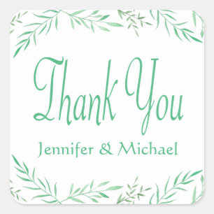 Rustic Green Thank You Watercolor Leaves, Ferns Square Sticker