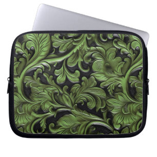 Rustic green tooled leather laptop sleeve