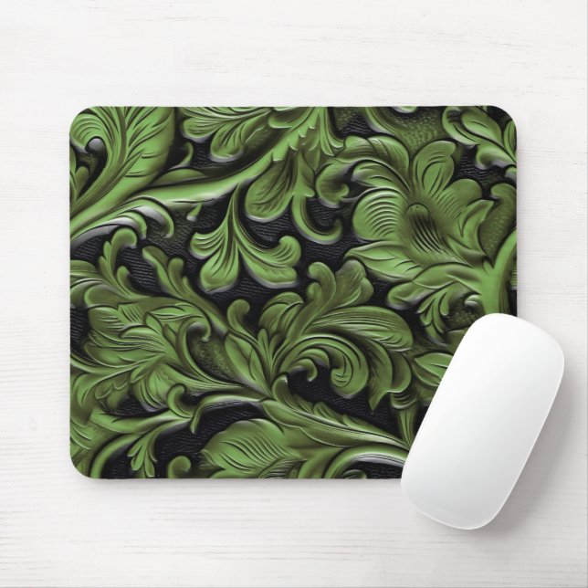 Rustic green tooled leather  mouse mat (With Mouse)