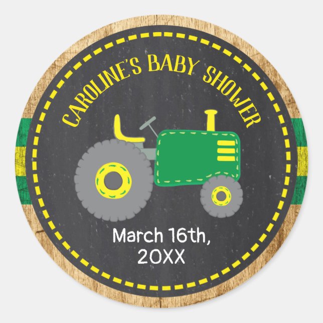 Rustic Green Tractor Baby Shower Favour Labels (Front)