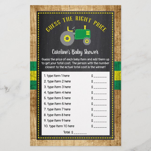Rustic Green Tractor Baby Shower Guess Price Game (Front)