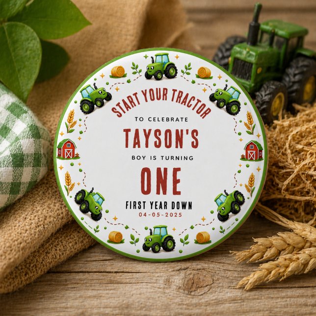 Rustic Green Tractor Farm First Year Down One 3 Cm Round Badge (Rustic Green Tractor Farm First Year Down One Button
)